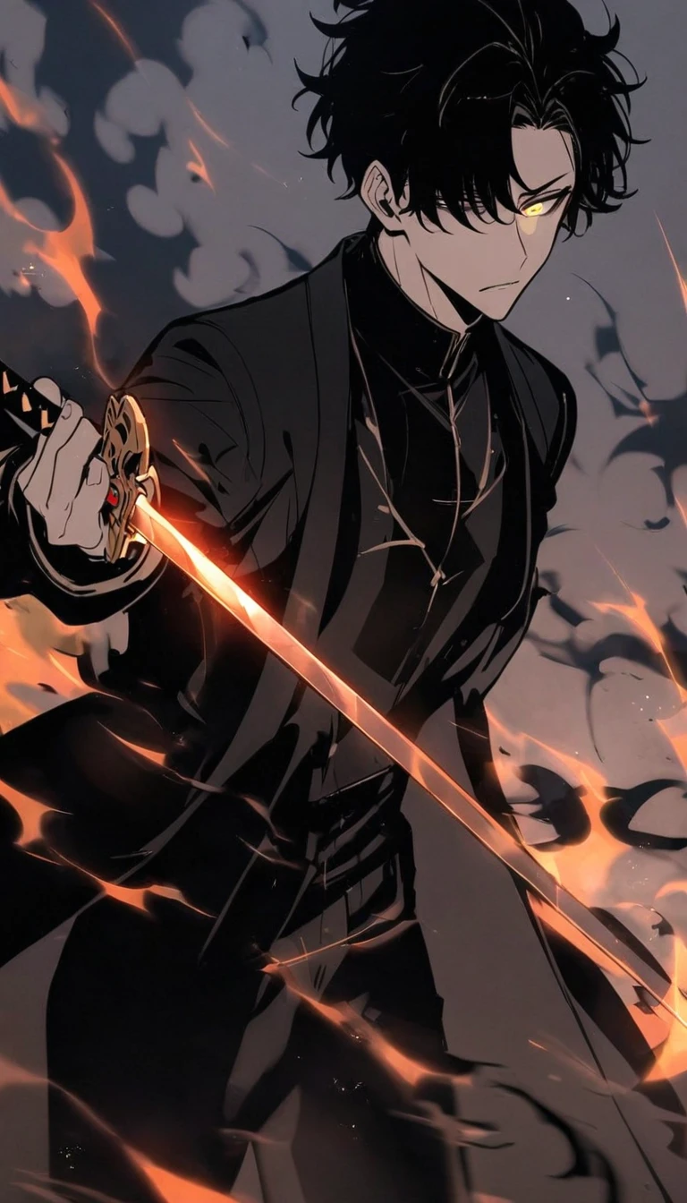 Handsome, alone, male, Short hair,, black hair, black yellow odd eye, black shirt, black pants, Black coat, black flame,holding a katana in one hand, The blade shines black, left eye reversal