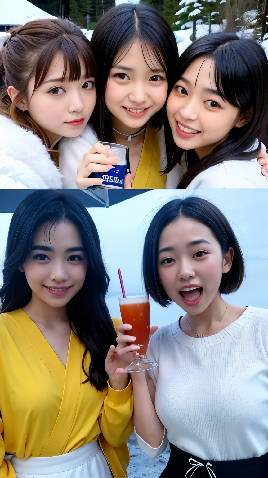 highest quality, masterpiece, Ultra-high resolution, (Realistic:1.4), Raw photo, Super detailed, Perfect Anatomy,
In the middle of the night, Three Girls, all teenagers, All the most popular Japanese idols, A drinking party on a snowy mountain is a great success, From above, Face Focus, Everyone is drunk, Everybody laughs out loud, They all have very cute faces like famous Japanese idols., Very beautiful big black round eyes, Very beautiful colorful hair, Very beautiful white skin, Detailed view of Mt. Daisetsu, Detailed drinking party