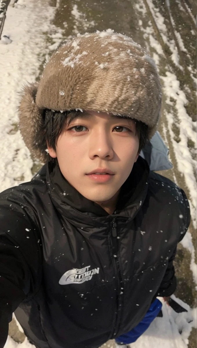 asian boy in snow with black jacket