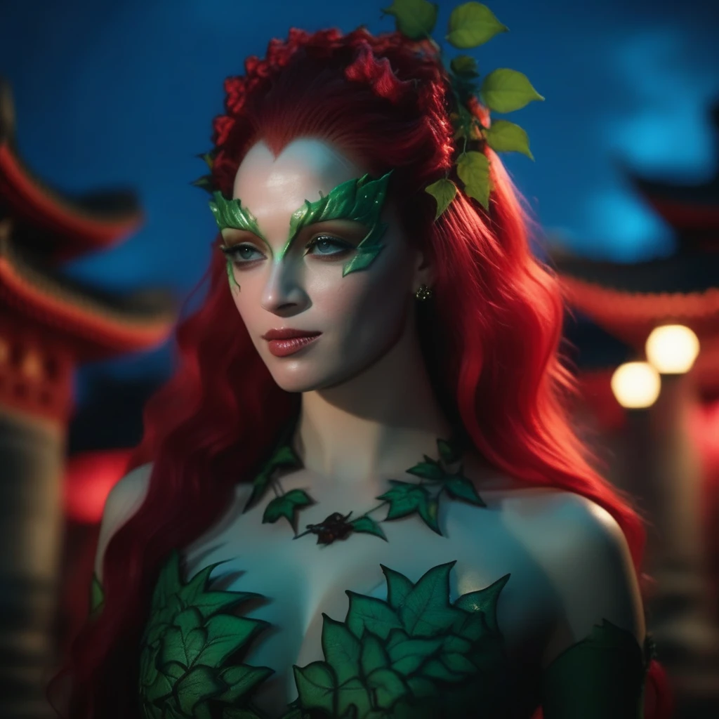 Ultra realistic extremely beautifully detailed 8k picture of 1 gorgeously cute and cool woman uma poison ivy exploring a forbidden city at night, extremely detailed eyes mouth and facial features, gorgeous breathtaking composition and epic cinematic lighting, seductive, dominating, evil, sexy, evil smile, mesmerizing