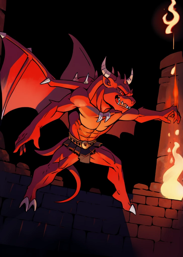 A demon with horns and red eyes duels in the arena