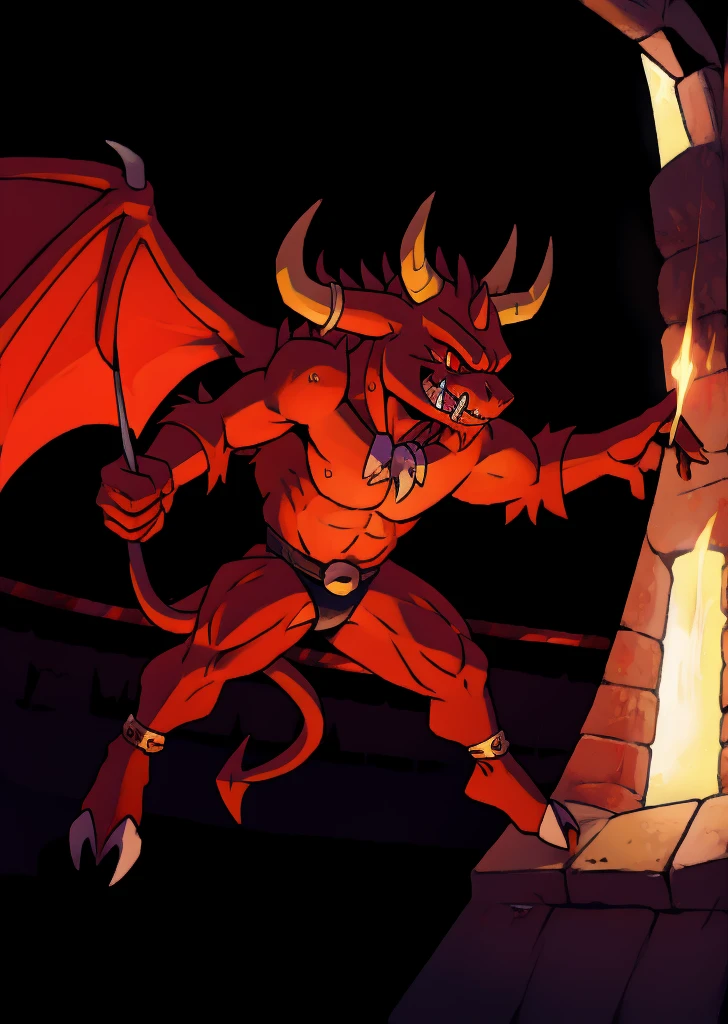 A demon with horns and red eyes duels in the arena