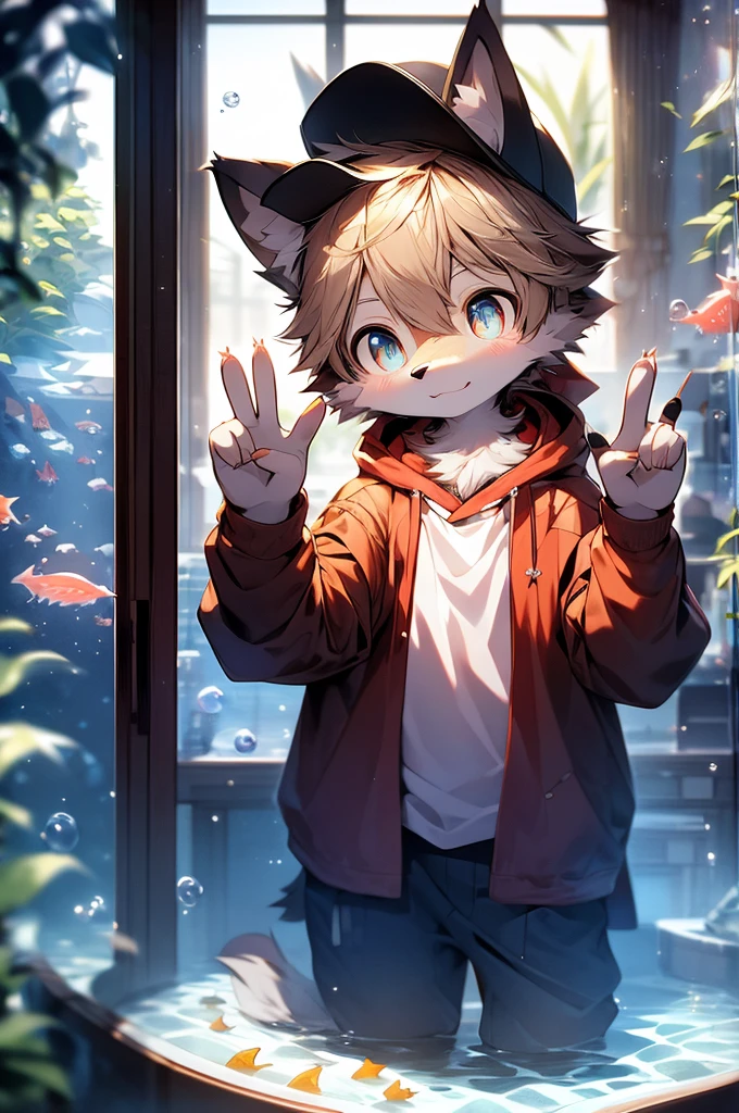 masterpiece, best quality, bright eyes, detailed eyes, furry, wolf, male, baggy clothing, baseball cap, v sign, (head tilt:1.3), high saturation, colorful, detailed background, perfect lighting, shadow, aquarium, window, deep blue theme, bubble