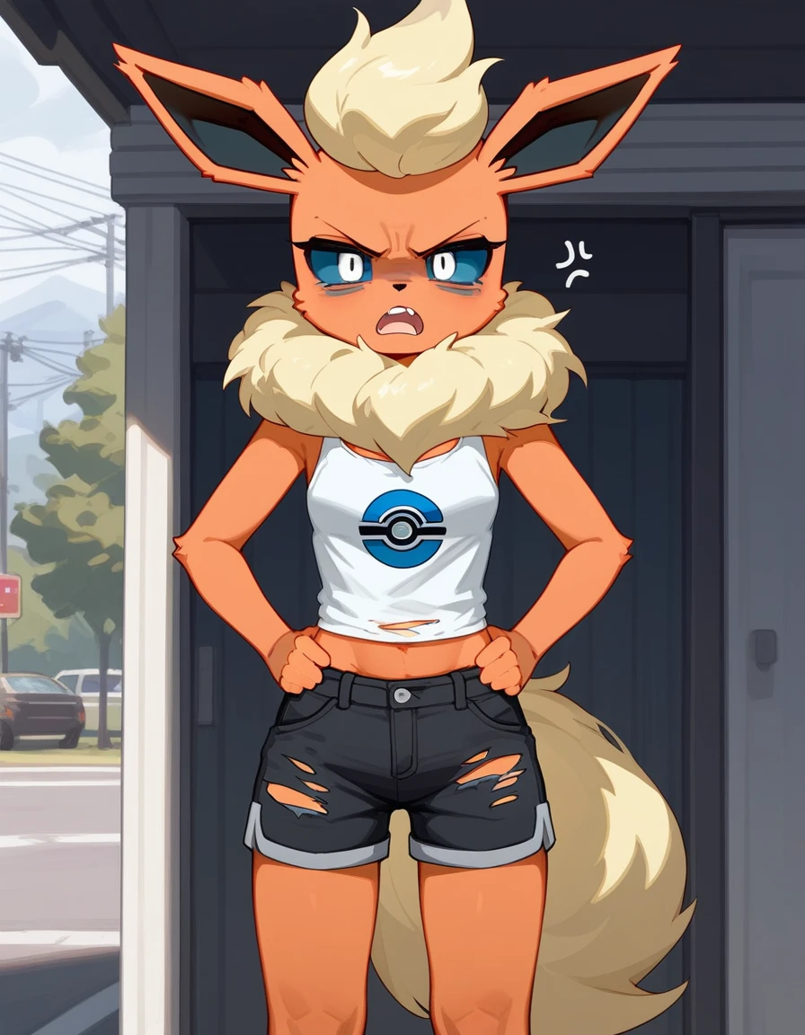 Solo, score_9,score_8_up,score_7_up, (source_furry, an Anthro furry flareon girl, Pokemon, tall and slender, blue sclera, white eyes, wearing black ripped tank top, black ripped shorts, arms crossed, moody expression, annoyed expression, standing outdoors, hands on hips, little yelling symbols, pouting, barefoot, indoors in a bedroom, mouth open, scolding viewer, pov