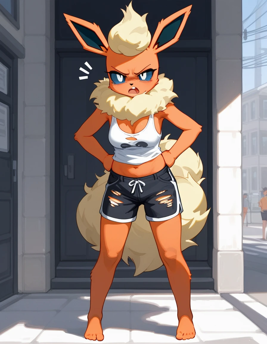 Solo, score_9,score_8_up,score_7_up, (source_furry, an Anthro furry flareon girl, Pokemon, tall and slender, blue sclera, white eyes, wearing black ripped tank top, black ripped shorts, arms crossed, moody expression, annoyed expression, standing outdoors, hands on hips, little yelling symbols, pouting, barefoot, indoors in a bedroom, mouth open, scolding viewer, pov