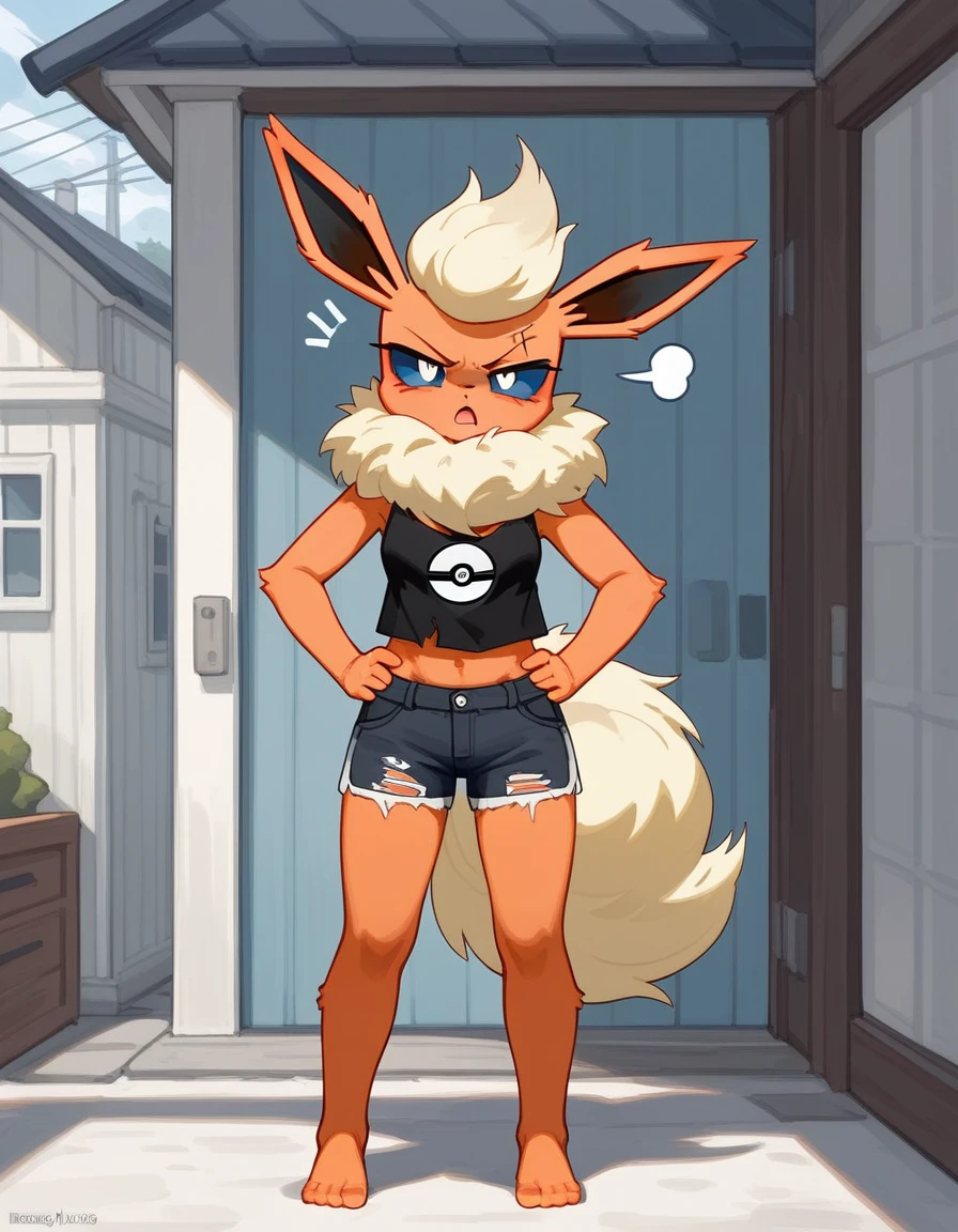 Solo, score_9,score_8_up,score_7_up, (source_furry, an Anthro furry flareon girl, Pokemon, tall and slender, blue sclera, white eyes, wearing black ripped tank top, black ripped shorts, arms crossed, moody expression, annoyed expression, standing outdoors, hands on hips, little yelling symbols, pouting, barefoot, indoors in a bedroom, mouth open, scolding viewer, pov