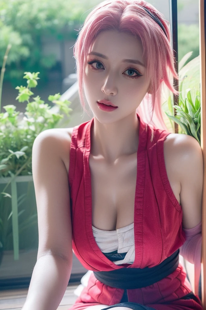 (masterpiece:1.2), (best quality:1.2), perfect eyes, perfect face, perfect lighting, 1girl, sakura haruno, from naruto, pink hair, detailed clothes, detailed outdoor background, makeup, eyeshadow, thick eyelashes, looking at the viewer, spring 