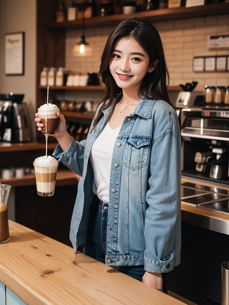 muste piece、High resolution、The coffee shop of the future、A woman brewing delicious coffee、２５old girl、１Girl shop assistant、looking at the camera、smile、The result is exactly as pictured、Coffee and beauty、White and beautiful skin、Use denim jacket