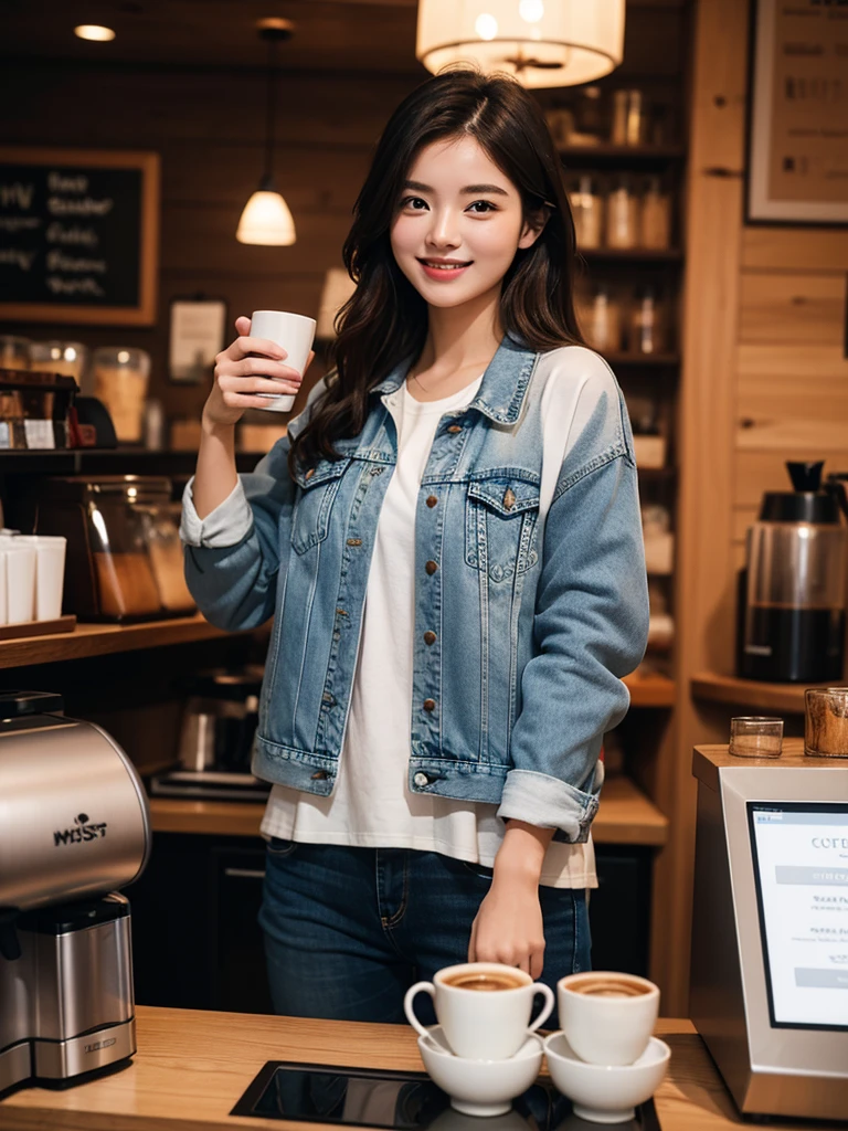 muste piece、High resolution、The coffee shop of the future、A woman brewing delicious coffee、２５old girl、１Girl shop assistant、looking at the camera、smile、The result is exactly as pictured、Coffee and beauty、White and beautiful skin、Use denim jacket