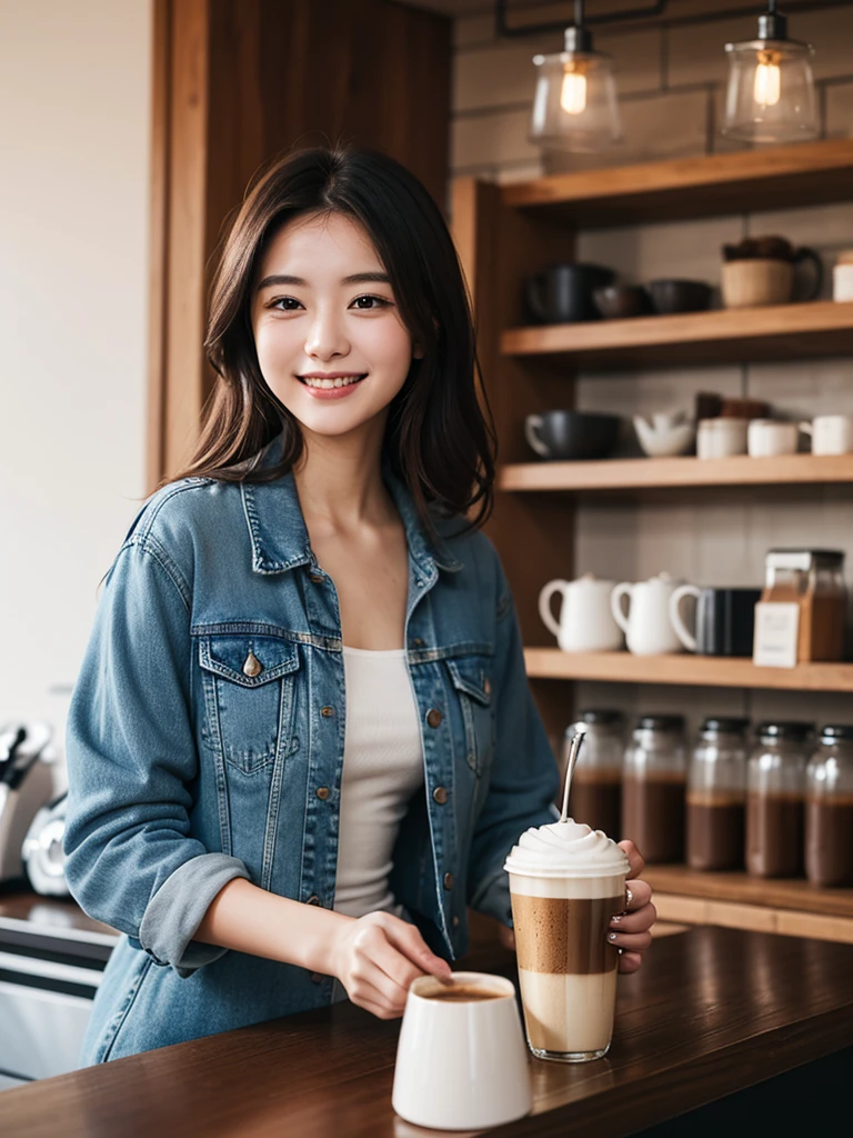 muste piece、High resolution、The coffee shop of the future、A woman brewing delicious coffee、25old girl、1Girl shop assistant、looking at the camera、smile、The result is exactly as pictured、Coffee and beauty、White and beautiful skin、Use denim jacket
