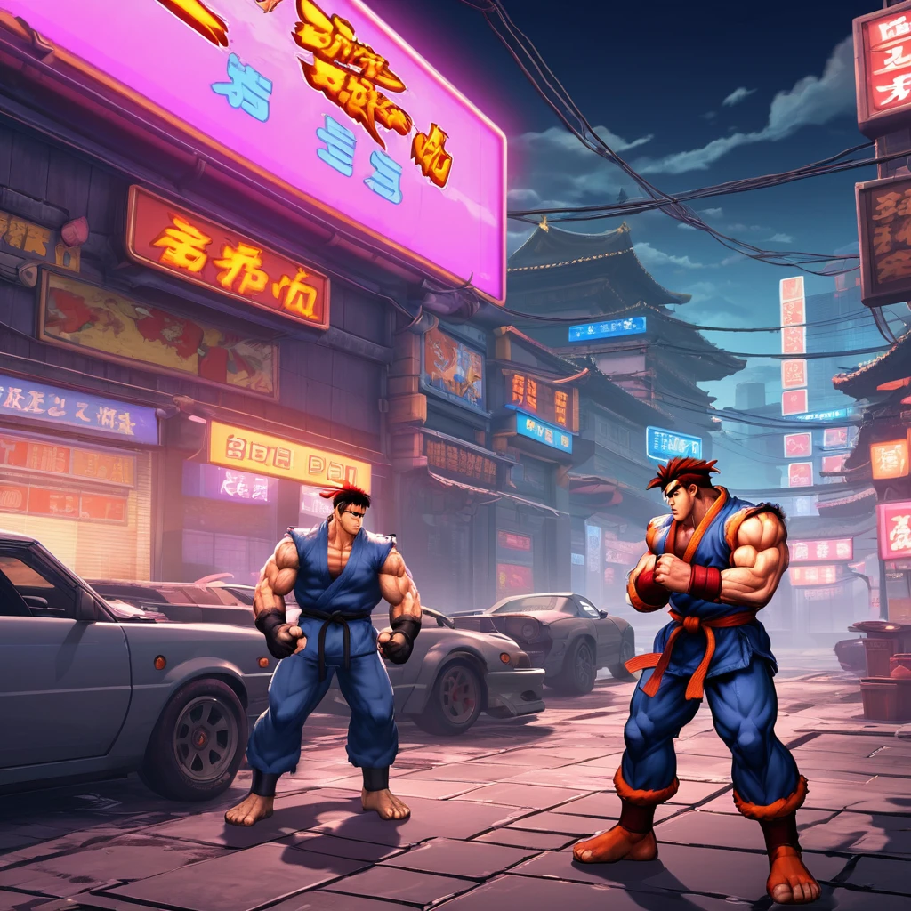 Create a dynamic battle scene set in the style of Street Fighter 2 Turbo. The scene should feature two iconic characters in an intense face-off, with exaggerated poses and powerful energy attacks. The background should be a vibrant, detailed stage inspired by the classic game settings, such as a bustling city street, a mystical temple, or a neon-lit rooftop. Include elements like health bars, combo meters, and special move effects to enhance the video game aesthetic. Use bold colors, sharp lines, and dramatic shading to capture the high-energy and competitive spirit of the Street Fighter 2 Turbo universe.