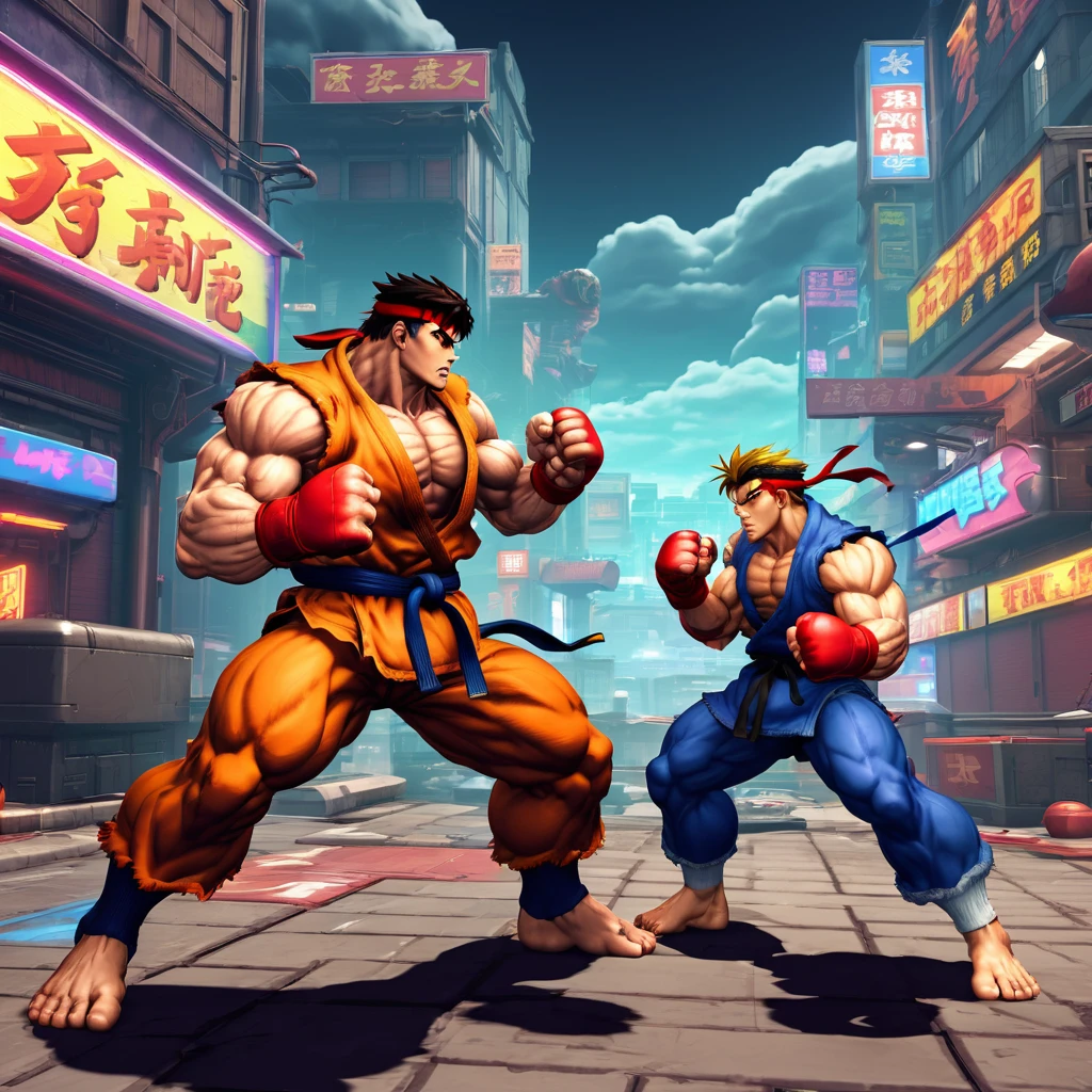 Create a dynamic battle scene set in the style of Street Fighter 2 Turbo. The scene should feature two iconic characters in an intense face-off, with exaggerated poses and powerful energy attacks. The background should be a vibrant, detailed stage inspired by the classic game settings, such as a bustling city street, a mystical temple, or a neon-lit rooftop. Include elements like health bars, combo meters, and special move effects to enhance the video game aesthetic. Use bold colors, sharp lines, and dramatic shading to capture the high-energy and competitive spirit of the Street Fighter 2 Turbo universe.