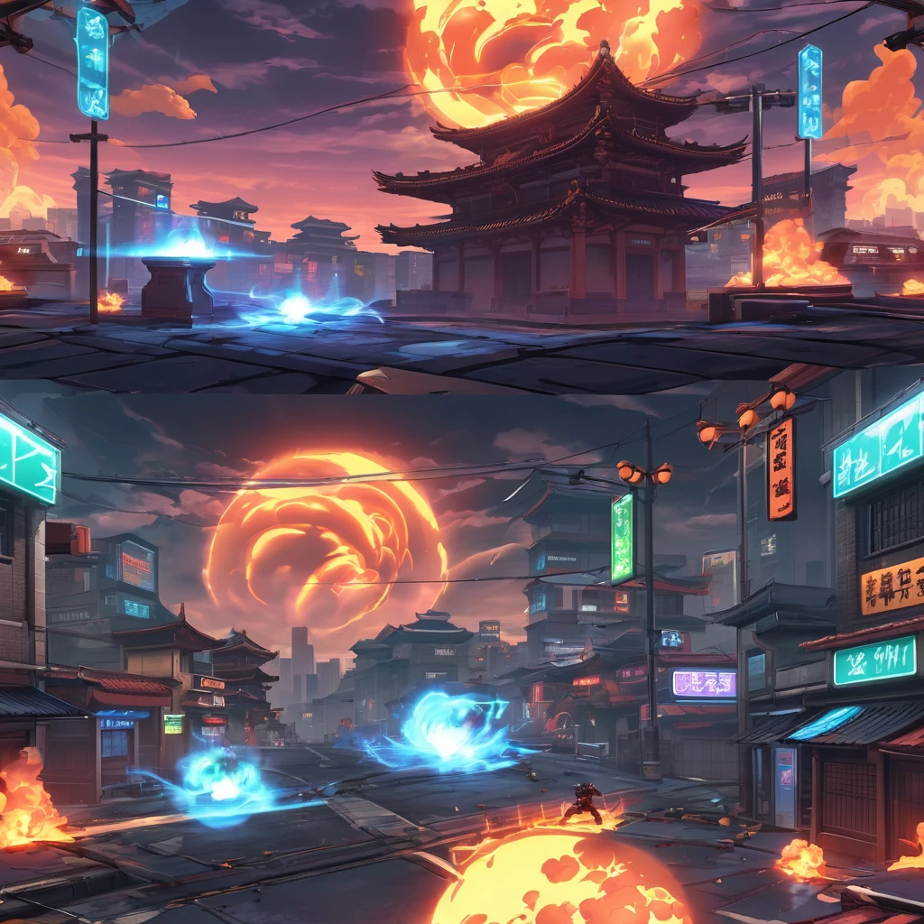 Create a dynamic battle scene set in the style of Street Fighter 2 Turbo. The scene should feature two iconic characters in an intense face-off, with exaggerated poses and powerful energy attacks. The background should be a vibrant, detailed stage inspired by the classic game settings, such as a bustling city street, a mystical temple, or a neon-lit rooftop. Include elements like health bars, combo meters, and special move effects to enhance the video game aesthetic. Use bold colors, sharp lines, and dramatic shading to capture the high-energy and competitive spirit of the Street Fighter 2 Turbo universe.