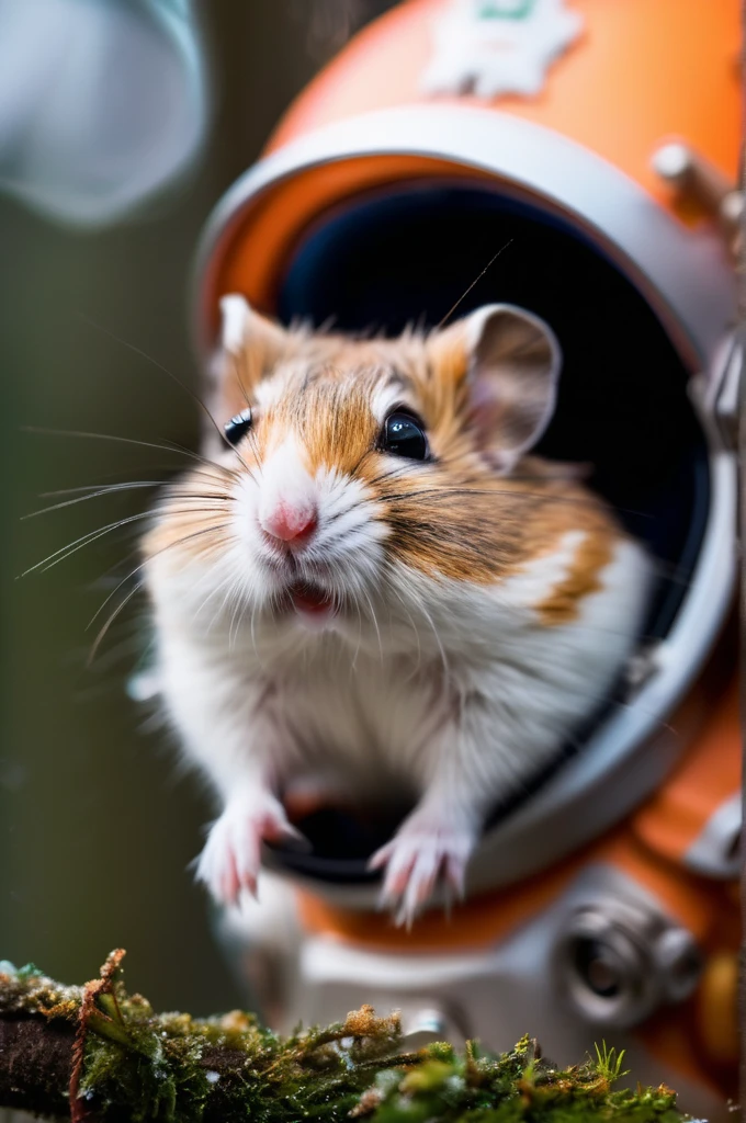 RAW Photos, delicate, highest quality,Hyper Detail, In detail, 8k, 32k, masterpiece,(Ultra-high resolution:1.2),Djungarian hamster in a space suit、Take a helmet、The mission to the moon is ready, In the snowy forest、Cloudy Trees々and crunchy, cold,Hide in burrows and tree holes,Rim Light