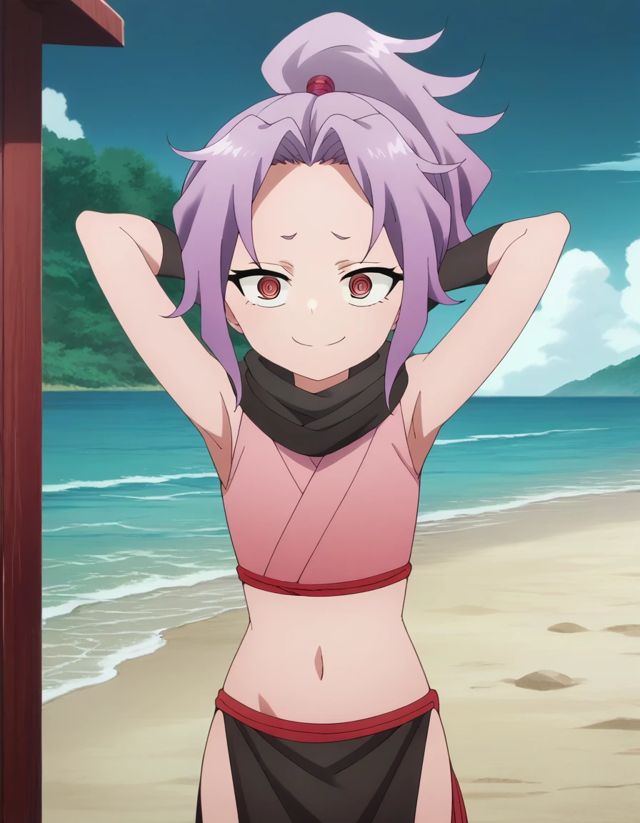 score_9, score_8_up, score_7_up, score_6_up, score_5_up, score_4_up , anime coloring, anime screencap, source_anime, anime,uncensored ,BREAKsazanka, red eyes, ponytail, purple hair, high ponytail, @ @, ringed eyes,gloves, navel, japanese clothes, sleeveless, black gloves, midriff, fingerless gloves, scarf, crop top, pelvic curtain, @ @, ninja, ringed eyes, black scarf,BREAK, high quality, solo, night sky, beach, arms behind head, contrapposto, closed mouth, spread armpits, (cowboy shot:1.5), looking at viewer, smile, best quality, puffing chest, sexy,