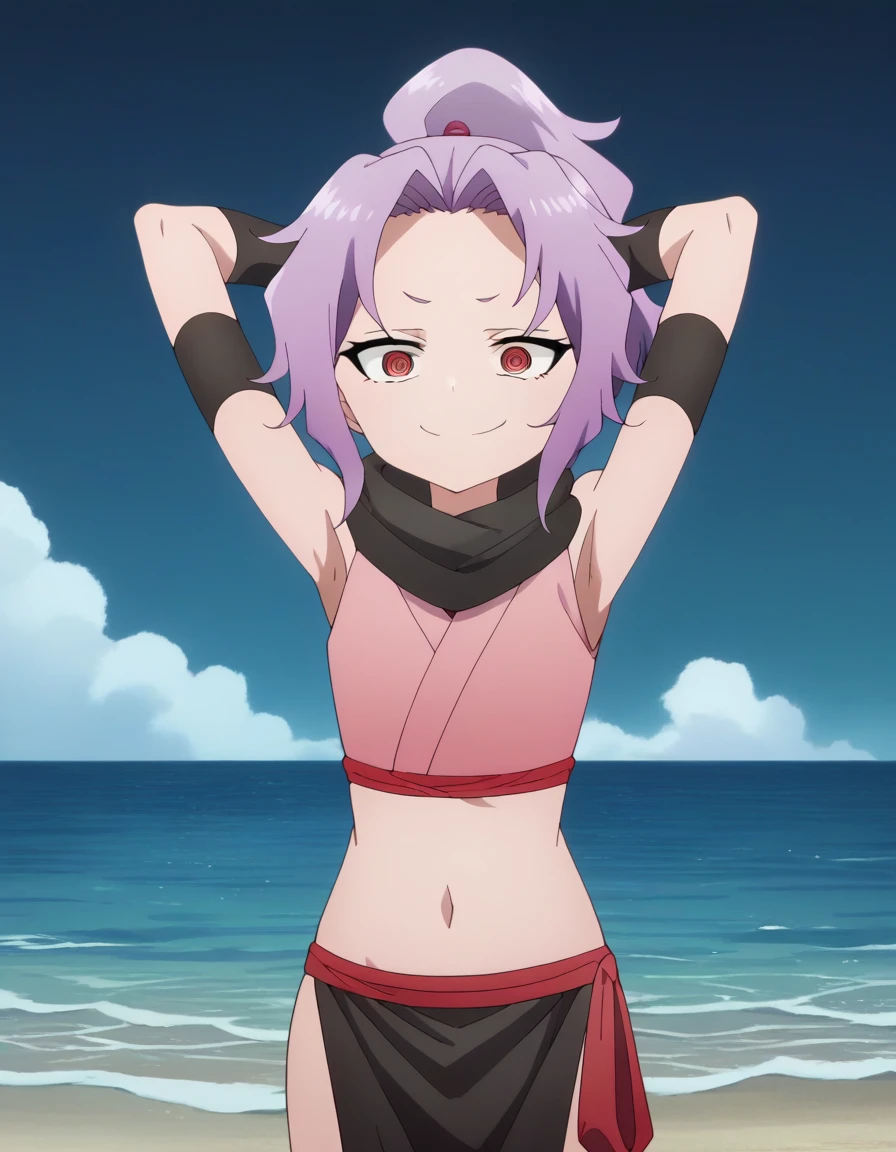 score_9, score_8_up, score_7_up, score_6_up, score_5_up, score_4_up , anime coloring, anime screencap, source_anime, anime,uncensored ,BREAKsazanka, red eyes, ponytail, purple hair, high ponytail, @ @, ringed eyes,gloves, navel, japanese clothes, sleeveless, black gloves, midriff, fingerless gloves, scarf, crop top, pelvic curtain, @ @, ninja, ringed eyes, black scarf,BREAK, high quality, solo, night sky, beach, arms behind head, contrapposto, closed mouth, spread armpits, (cowboy shot:1.5), looking at viewer, smile, best quality, puffing chest, sexy,