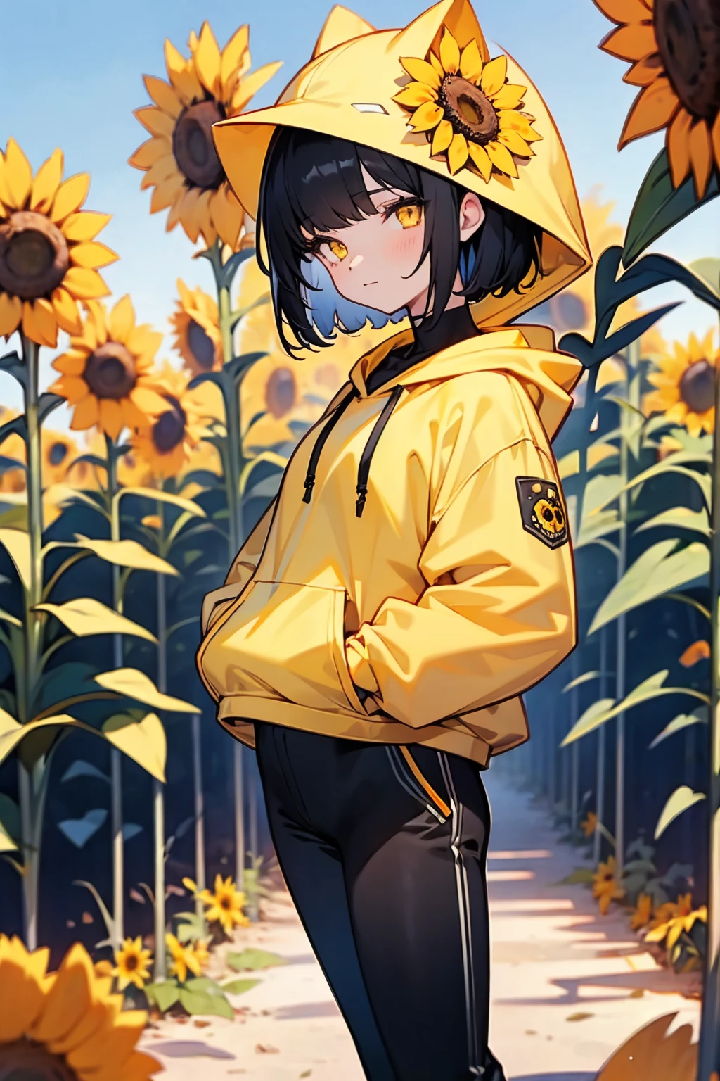 1female, black hair, short hair, yellow eyes, sunflower hoodie, hoodie, black pants, sunflower field, happy, detailed background, hands to side, standing on path