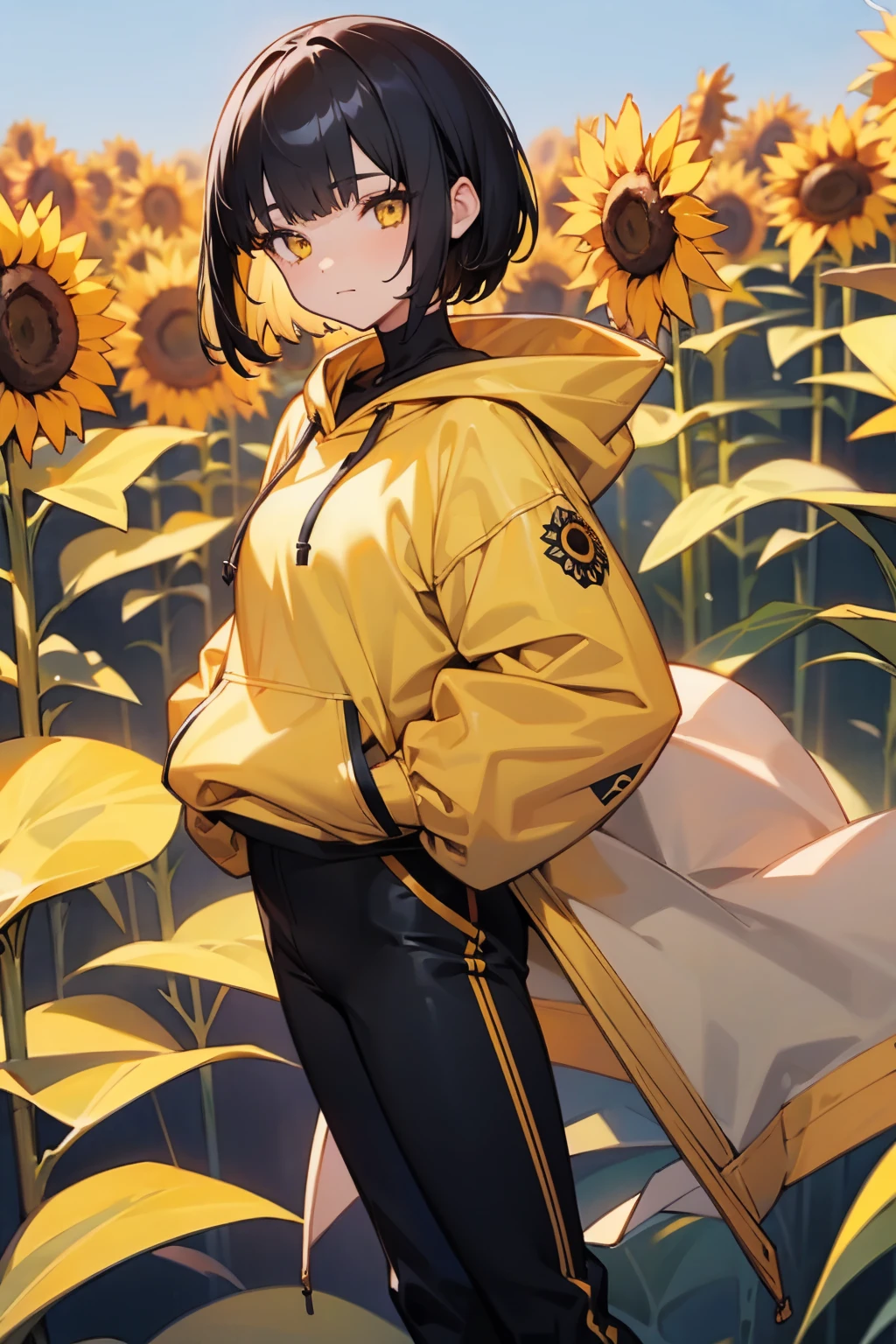 1female, black hair, short hair, yellow eyes, sunflower hoodie, hoodie, black pants, sunflower field, happy, detailed background, hands to side, standing on path