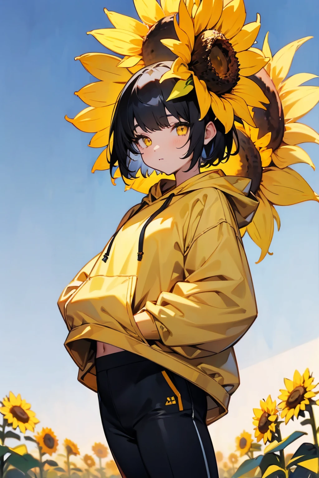 1female, black hair, short hair, yellow eyes, sunflower hoodie, hoodie, black pants, sunflower field, happy, detailed background, hands to side, standing on path