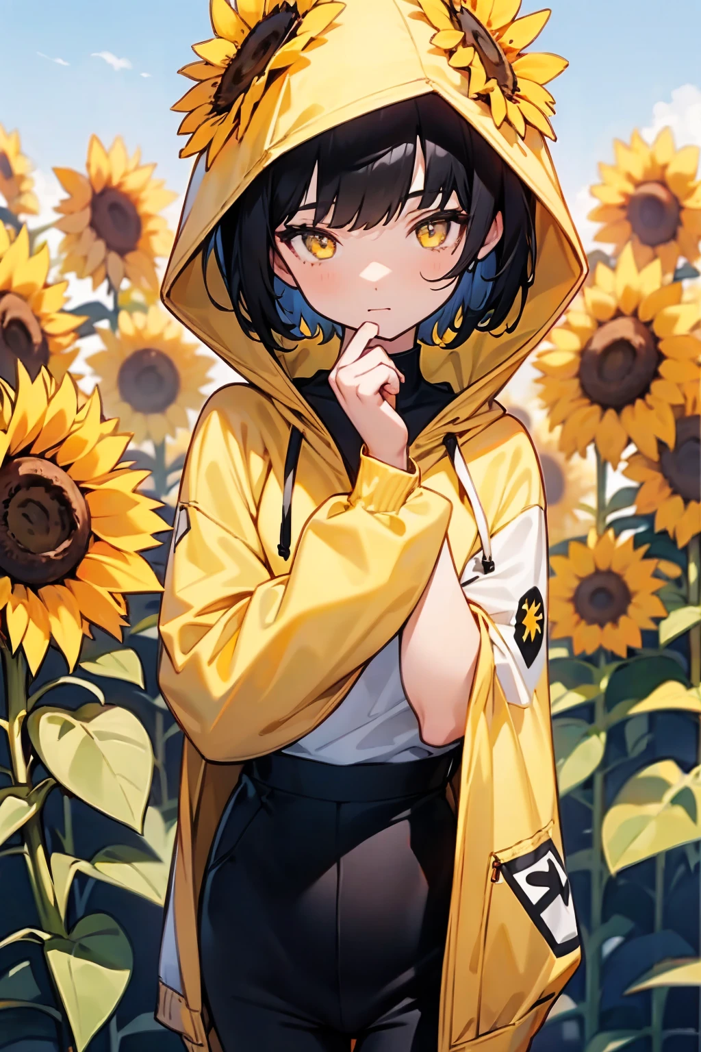 1female, black hair, short hair, yellow eyes, sunflower hoodie, hoodie, black pants, sunflower field, happy, detailed background, hands to side, standing on path