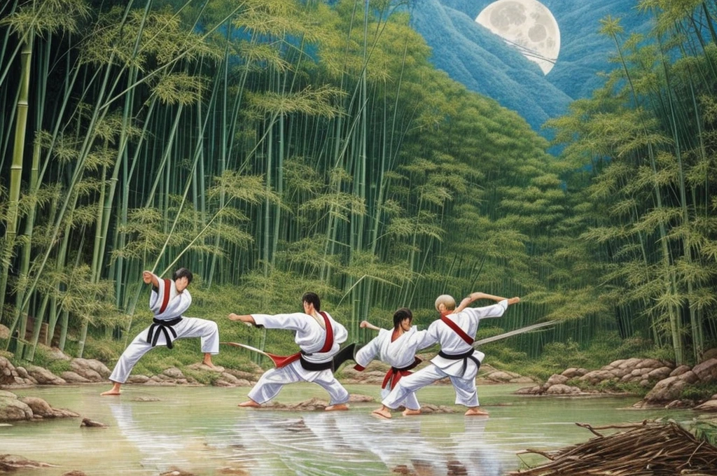 You are artist Yoshitaka Amano. Draw two karatekas fighting. In the background a forest with bamboo, a river and a full moon. Do it a little further away to enhance the scene. Add "defects" as if it were a painting worn by time.