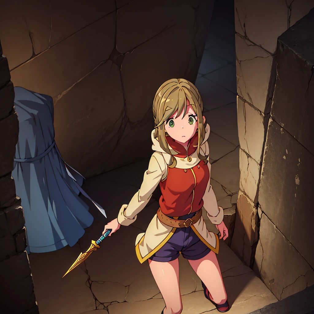 最high quality、high quality、Frugal cloth clothes、１０Year-old girl adventurer、Climb the dungeon stairs、Shorts、Equipped with a dagger and a shield、Inside the dim labyrinth