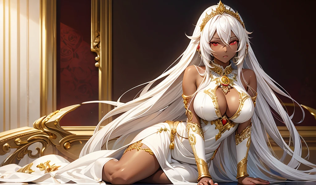 Beautiful woman with long white hair, dark skin and red eyes in white evening dress，gold tiara，Gold ornaments，gold necklace，cleavage，Bare Legs，((best quality)), ((masterpiece)), (detailed:1.4), Anime style，White Rose，desert，river