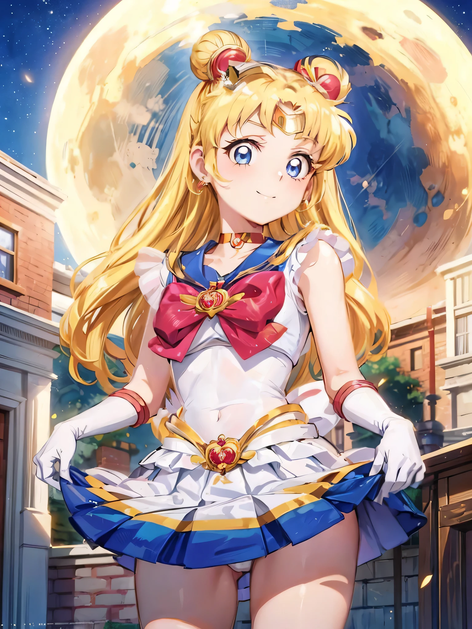 a anime girl with long hair posing on the moon, near a house and a building, 1girl, sailor moon, tsukino usagi, solo, skirt, sailor senshi uniform, blonde hair, blue eyes, gloves, panties, twintails, underwear, skirt lift, long hair, white gloves, moon, clothes lift, jewelry, night, looking at viewer, earrings, smile, choker, white panties, bow, double bun, breasts, lifted by self,lol_i,Ichigo Hoshimiya (Aikatsu!),supersailormoon