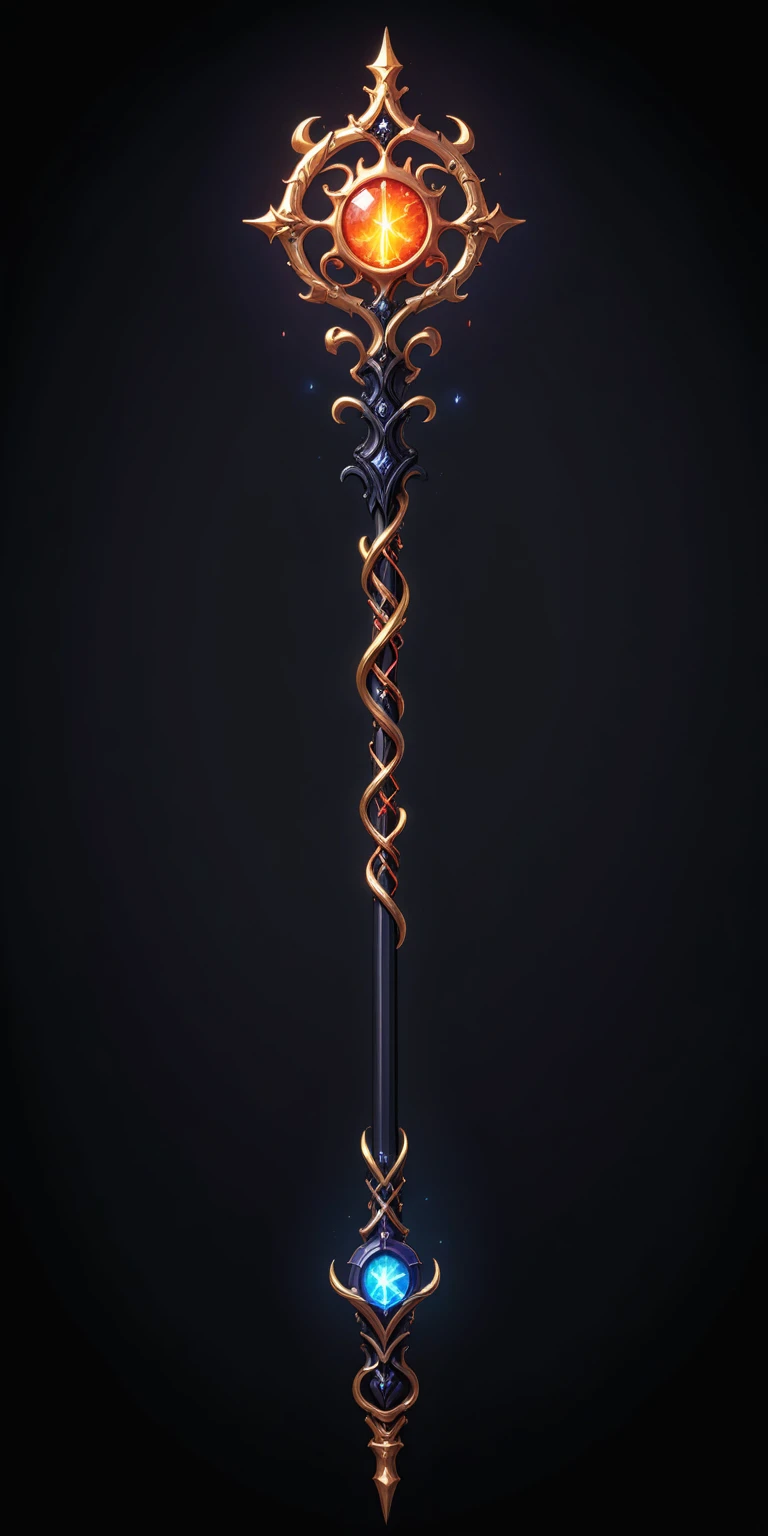 pixel art, cartoon illustration, Divine glavie greatstaff, Powerfull Magical theme, simple black background, RPG game icon