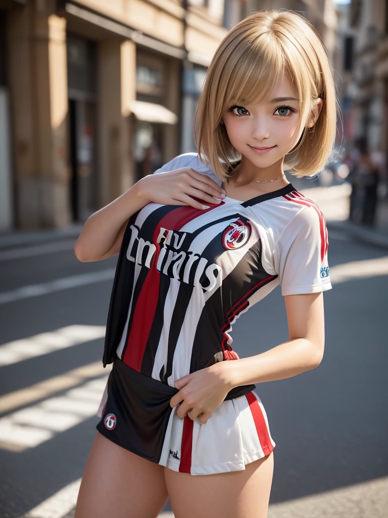 (8k, RAW Photos, highest quality, masterpiece:1.2), (Realistic, photo-Realistic:1.4), (Highly detailed 8k wallpaper), ((Full Body Shot)), (1 girl), Sharp focus, Depth of written boundary, Cinematic lighting, Soft Light, 緻密な美しさのeye, eye_Chan, Very beautiful 17 year old girl, innocent big eyes, Realistic, photo Realistic, Highly detailed cute girl, (Thin thighs), (Model Body Type), (((AC Milan soccer jersey))), ((Micro Mini Tight Skirt)), (((Fold your arms in front of your chest and act arrogantly))), ((A happy smile)), Parted lips, Watching the audience, (On the streets of Italy) , (Blonde),(Short Bob Hair), (Asymmetrical bangs)