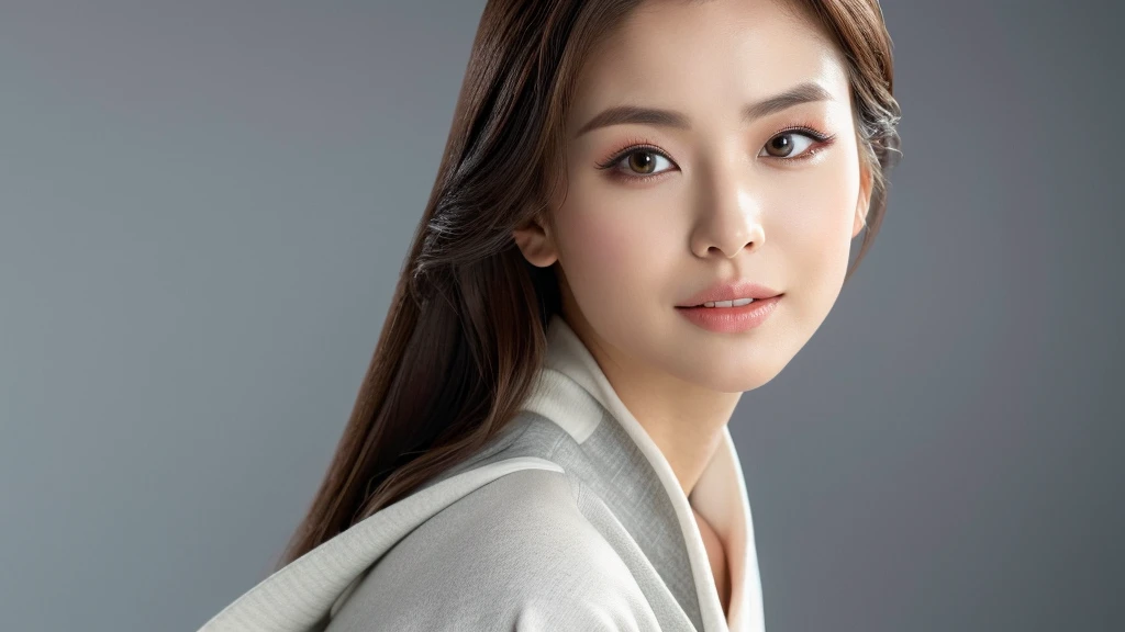 4k ,super high resolution ,(photo-realistic: 1.7),(detailed face),pretty,breasts,turtle neck white kimono sleeve,gray background,long hair,