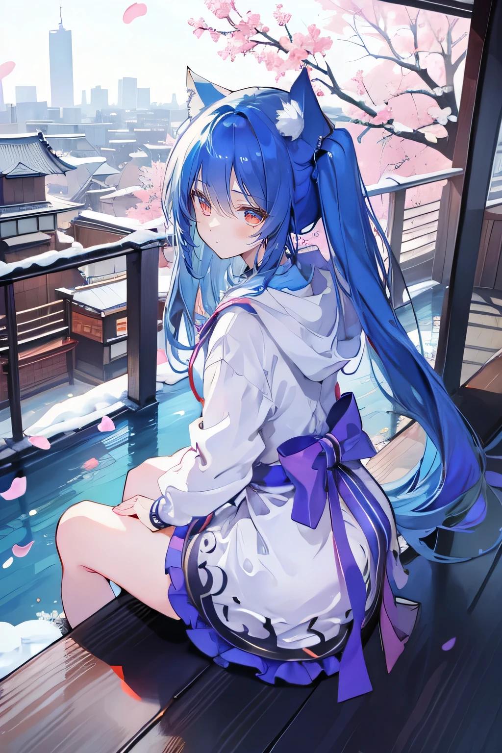 (masterpiece:1.2),Super detailed,lifelike,Expressive eyes,fair skin,perfect face shape,1 girl,
Japanese comics,Gorgeous blue hair,flowing blue hair,flowing clothes,Cat ears,Petals fall,beautiful lola,Baby Angel,
Cross your legs,Gentle and peaceful background,The pavilion is cool and comfortable,smile, wearing hoodie, background of tokyo,back views,snowing, winter.