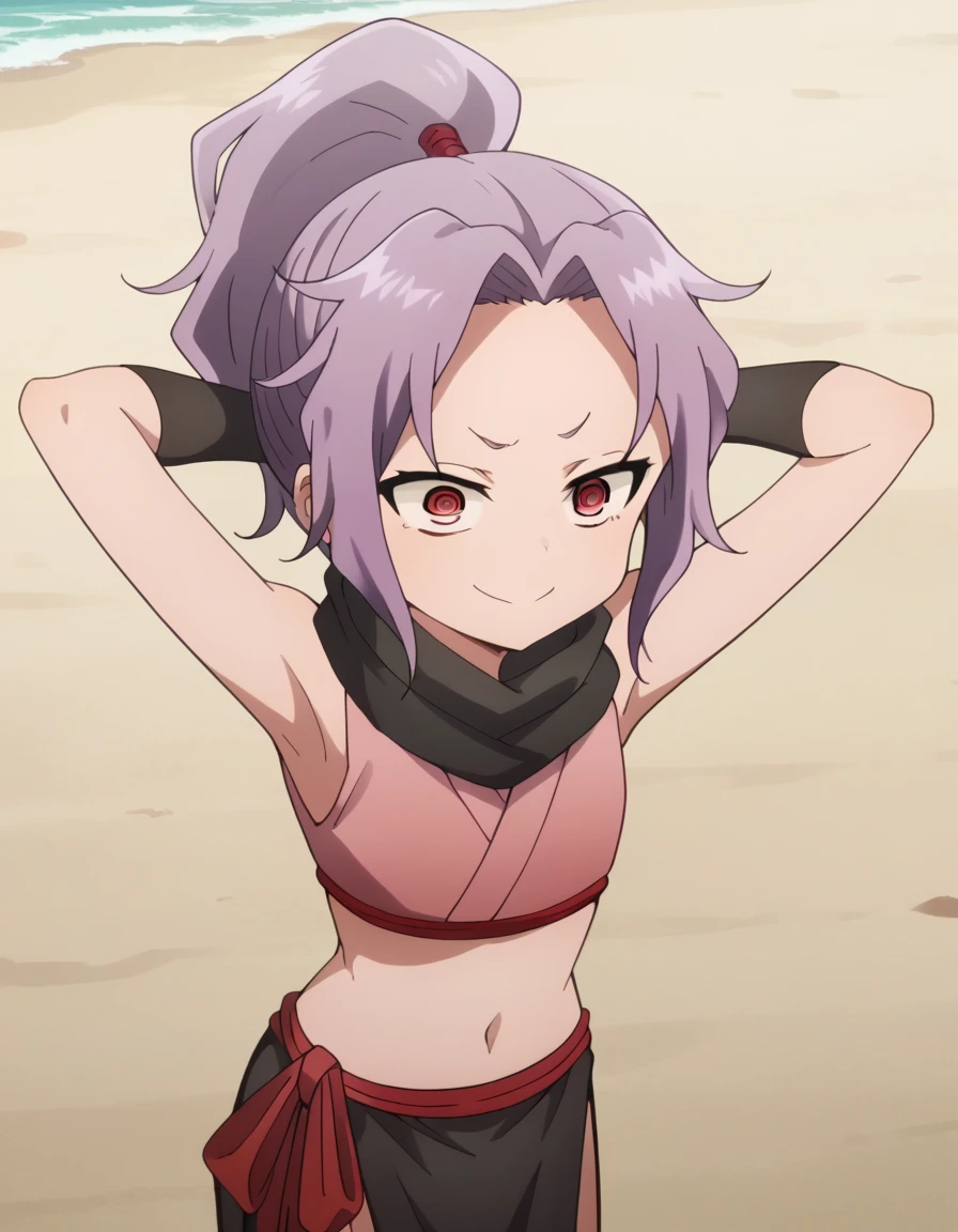 score_9, score_8_up, score_7_up, score_6_up, score_5_up, score_4_up , anime coloring, anime screencap, source_anime, anime,uncensored ,BREAKsazanka, red eyes, ponytail, purple hair, high ponytail, @ @, ringed eyes,gloves, navel, japanese clothes, sleeveless, black gloves, midriff, fingerless gloves, scarf, crop top, pelvic curtain, @ @, ninja, ringed eyes, black scarf,BREAK, high quality, solo, night sky, beach, arms behind head, contrapposto, closed mouth, spread armpits, (cowboy shot:1.5), looking at viewer, smile, best quality, puffing chest, sexy,