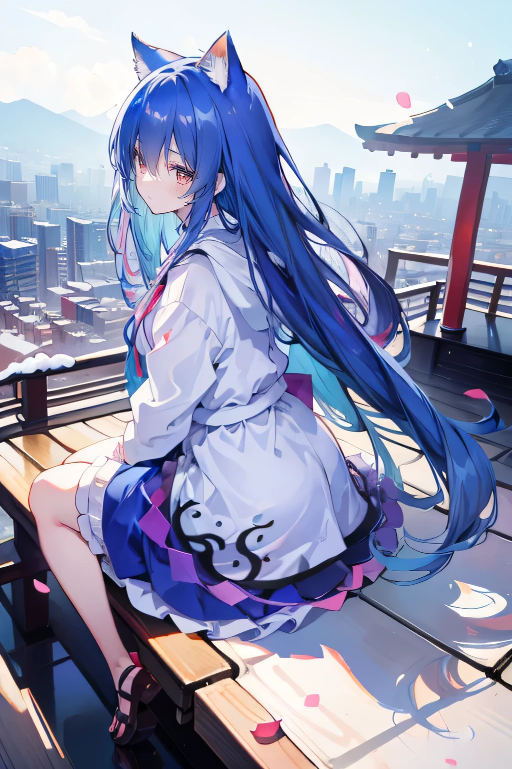 （masterpiece：1.2），Super detailed，lifelike，Expressive eyes，fair skin，perfect face shape，1 girl，
Japanese comics,Gorgeous blue hair,flowing blue hair,flowing clothes,Cat ears,Petals fall,beautiful lola,Baby Angel,
Cross your legs，Gentle and peaceful background，The pavilion is cool and comfortable,smile, wearing hoodie, background of tokyo,back views,snowing, winter.