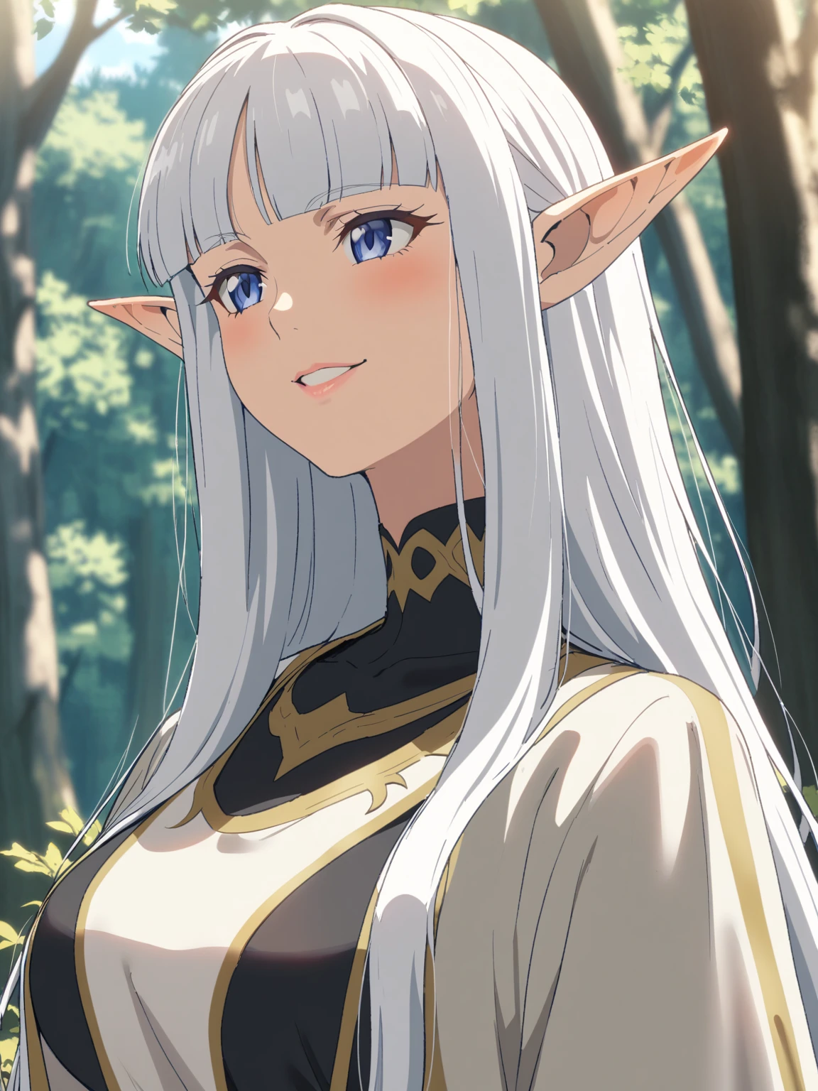 {{upper body, face focus}} {{Artist: Sincos}} 1 woman, solo, mature female, elf elegant, princess, pointy ears, blue eyes, long hair, straight hair, white hair, blunt bangs, lips, large breasts, happy, white tabard, gold trim, black collar, black undershirt, outdoors, forest, dappled sunlight, medieval fantasy.

