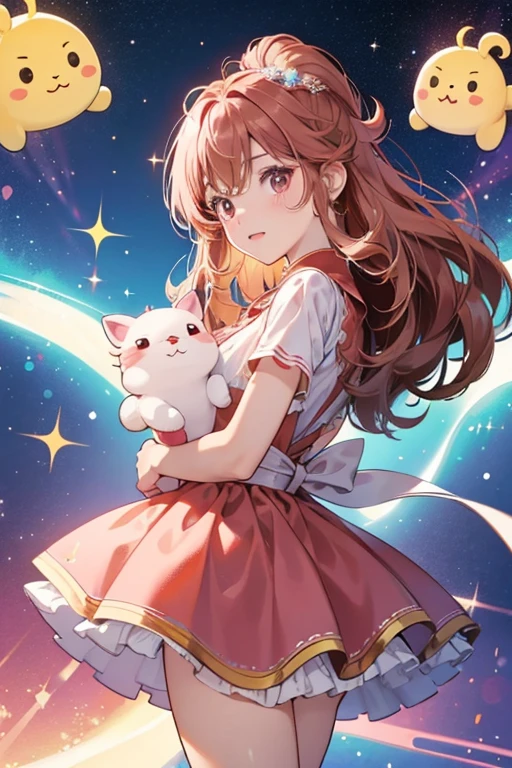 Tororotchi has a light brown head with two small ears on top of her head. Her body is reddish pink and is wiggly at the bottom, resembling a dress. She has droopy eyes and a white beak. SPARKLE; GLITTER