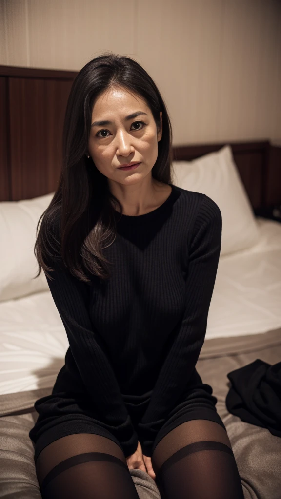 A woman in a black sweater sits on a bed in a hotel, Black skirt. Black Thong.In a dimly lit room at night.1 Girl, Japanese Mature, (Solitary), 50 years old, (Wrinkles at the corners of the eyes:1.4), Large Breasts, long hair, , charm, Sexy, Fair skin, looking at the audience, 超Large Breasts, Tight knit dress euchimuchi, Black tights, Angry expression. Crying emoticon.Have a J cup