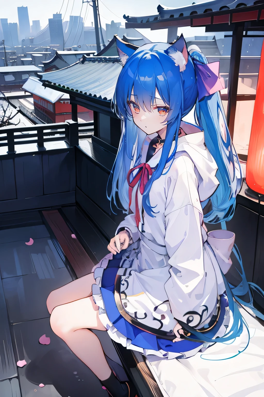 (masterpiece:1.2),Super detailed,lifelike,Expressive eyes,fair skin,perfect face shape,1 girl,
Japanese comics,Gorgeous blue hair,flowing blue hair,flowing clothes,Cat ears,Petals fall,beautiful lola,Baby Angel,
Cross your legs,Gentle and peaceful background,The pavilion is cool and comfortable,smile, wearing hoodie, background of tokyo,back views,snowing, winter.