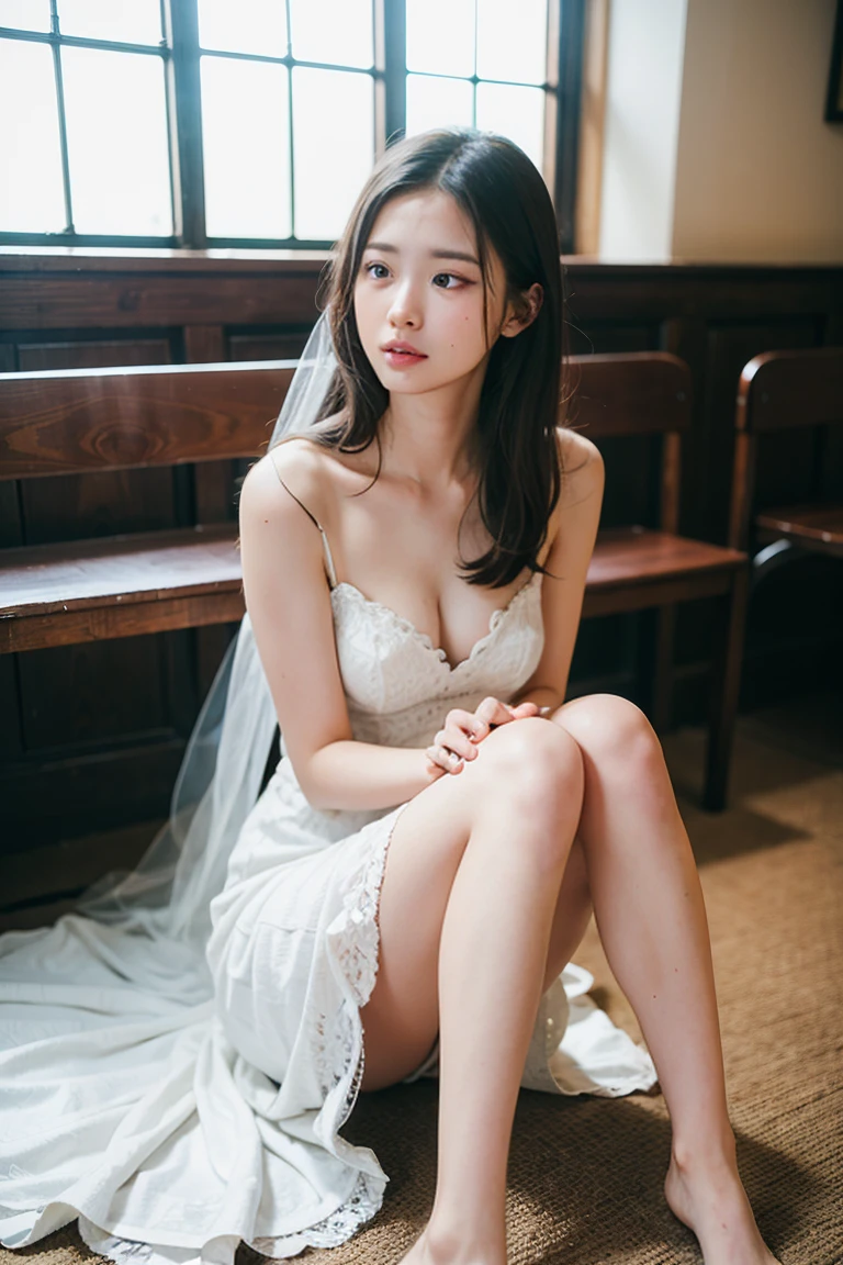 Photograph showing the whole body。She has her legs crossed。(RAW Photos, highest quality), (Realistic, Photorealistic:1.3), Tabletop, Crying face, Very delicate and beautiful, Soft Light, (Brown Hair, Straight shoulder-length hair fluttering in the wind), Beautiful detailed girl, Highly detailed eyes and face, Beautiful and detailed nose, Fine and beautiful eyes, (Crying face:1.3)1 girl,Pure beauty, cute,, (Small breasts:1.2), Realistic face, Realistic body,Full body photo、Wearing a wedding dress。She is in the church。