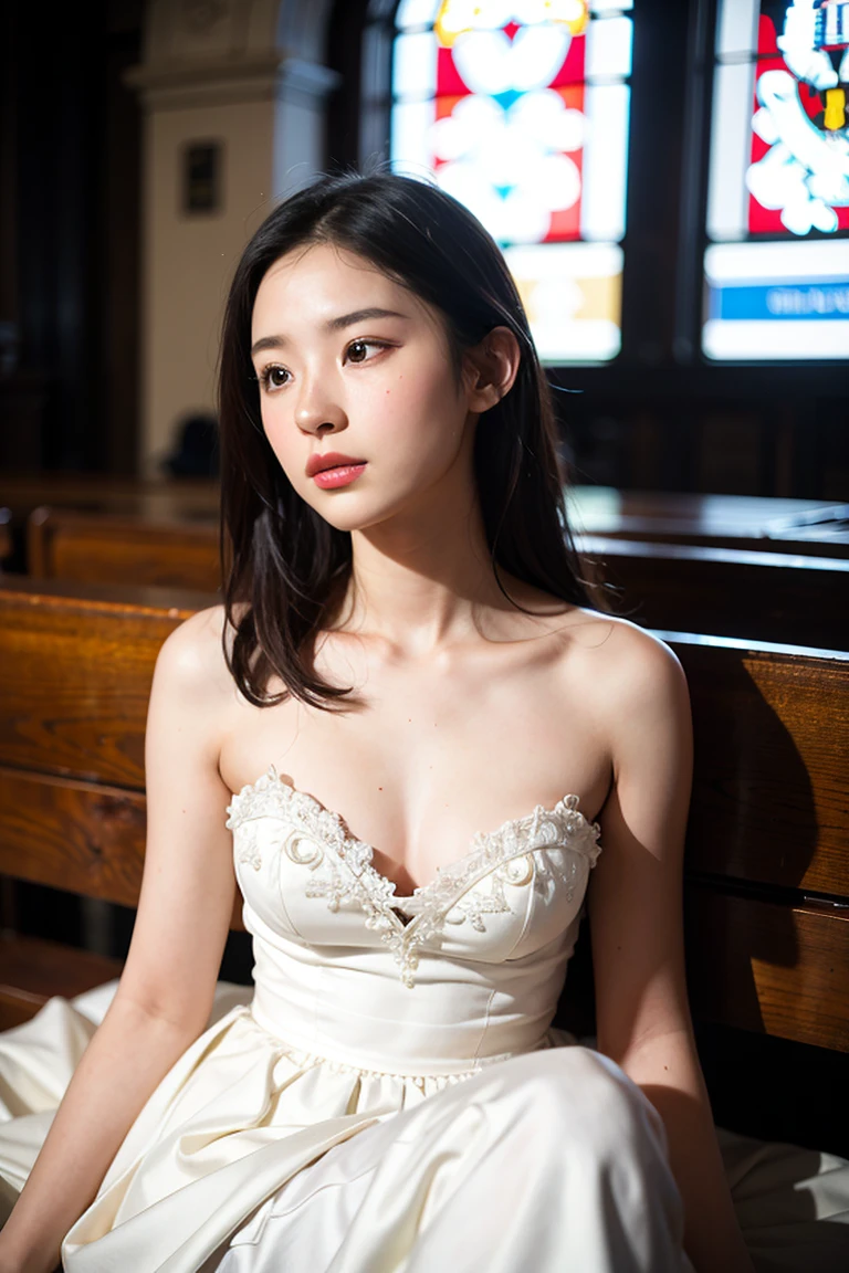 Photograph showing the whole body。She has her legs crossed。(RAW Photos, highest quality), (Realistic, Photorealistic:1.3), Tabletop, Crying face, Very delicate and beautiful, Soft Light, (Brown Hair, Straight shoulder-length hair fluttering in the wind), Beautiful detailed girl, Highly detailed eyes and face, Beautiful and detailed nose, Fine and beautiful eyes, (Crying face：1.3)1 girl,Pure beauty, cute,, (Small breasts:1.2), Realistic face, Realistic body,Full body photo、Wearing a wedding dress。She is in the church。