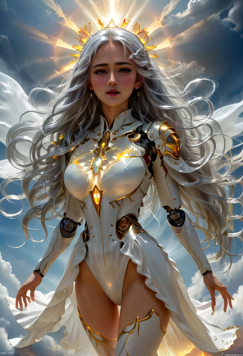 1girl, glowing face of light, perfect face, shining as sunrays, glowing hands, long-silver hair, hair accessory, shining light eyes, blowing white cloak, full body,  standing-float on the clouds, hands spreading-up, iconic stance, heavenly scenery, multi-neon color, dramatic realistic photoshot, uhd, 16k, super detailed