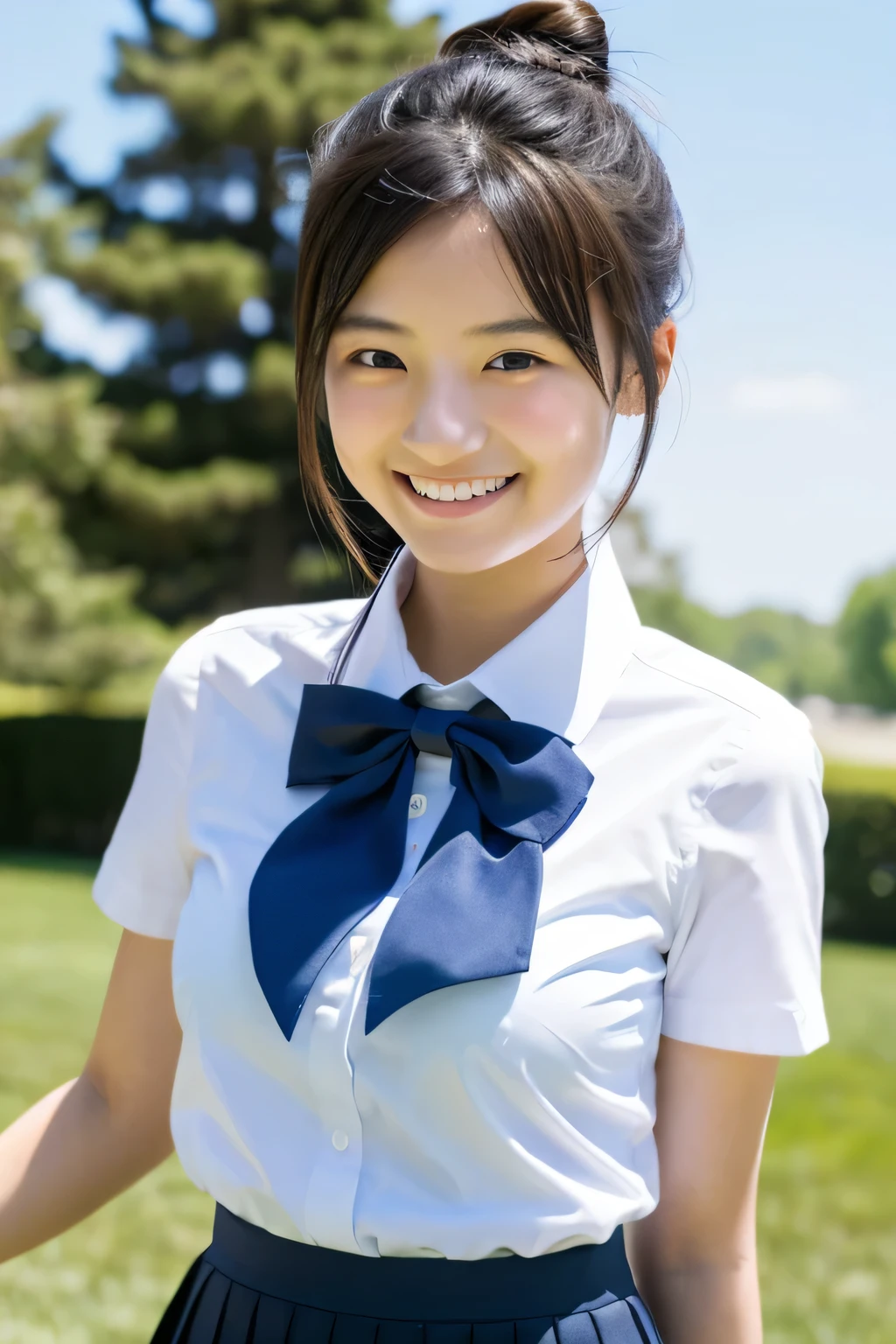 ((masterpiece)), japanese, (a girl), (18 years old), smiling, on grass, blue sky, hair bun, collared shirt, skirt, bow tie, tits, 