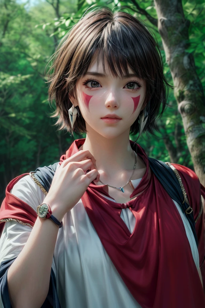 Paint your face、Anime girl in a red cloak posing in the forest, Portraiture!!! Princess Mononoke style, Studio Ghibli Wind Mononoke, Inspired by Princess Mononoke, Anime Realism style, Gweiz-style artwork, Anime Style. 8k, Realistic Anime 3D Style, Realistic anime art style, Anime Realism, stunning anime face Portraiture