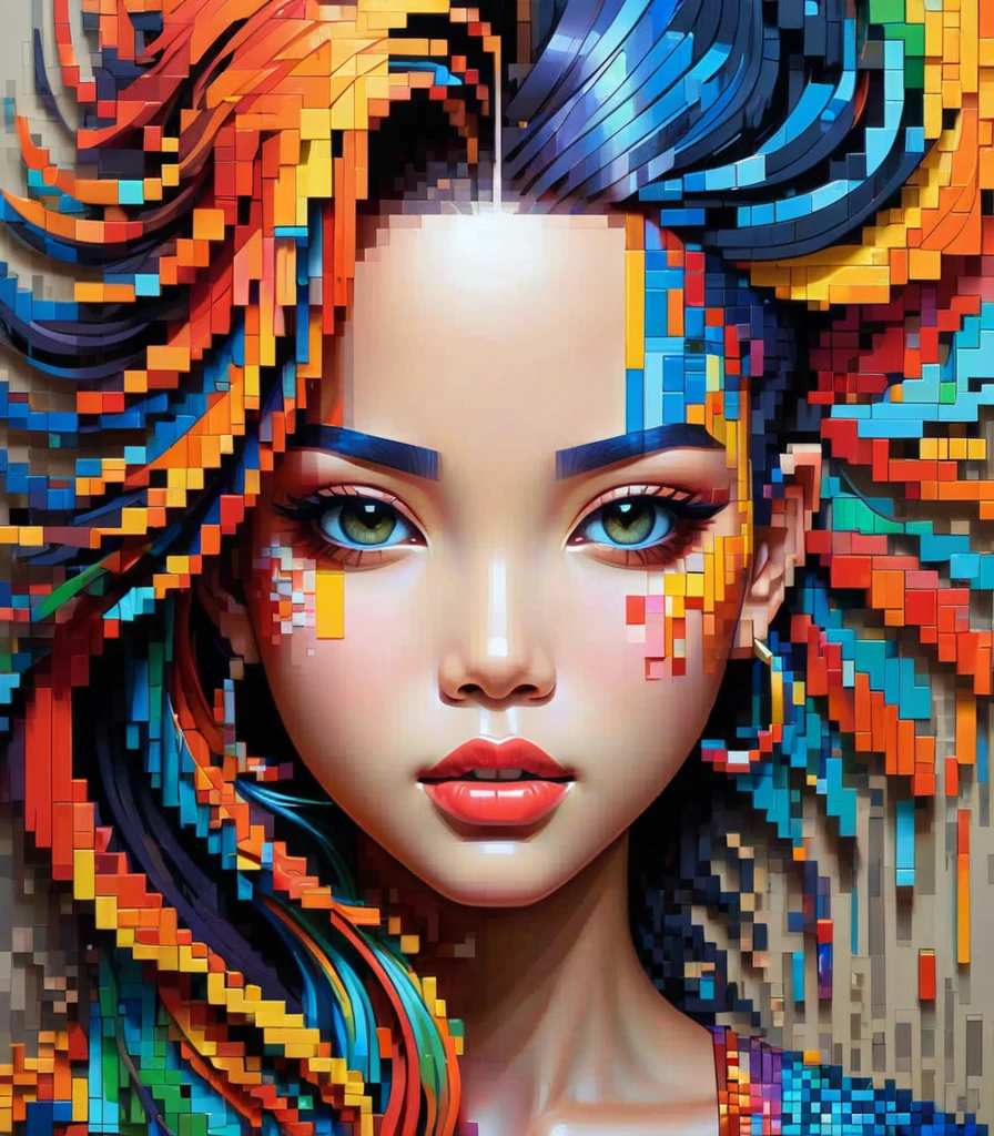 pixel art，Thai artist Gil Bruvel uses colorful brush strokes to create 3D pixel portraits of girls..