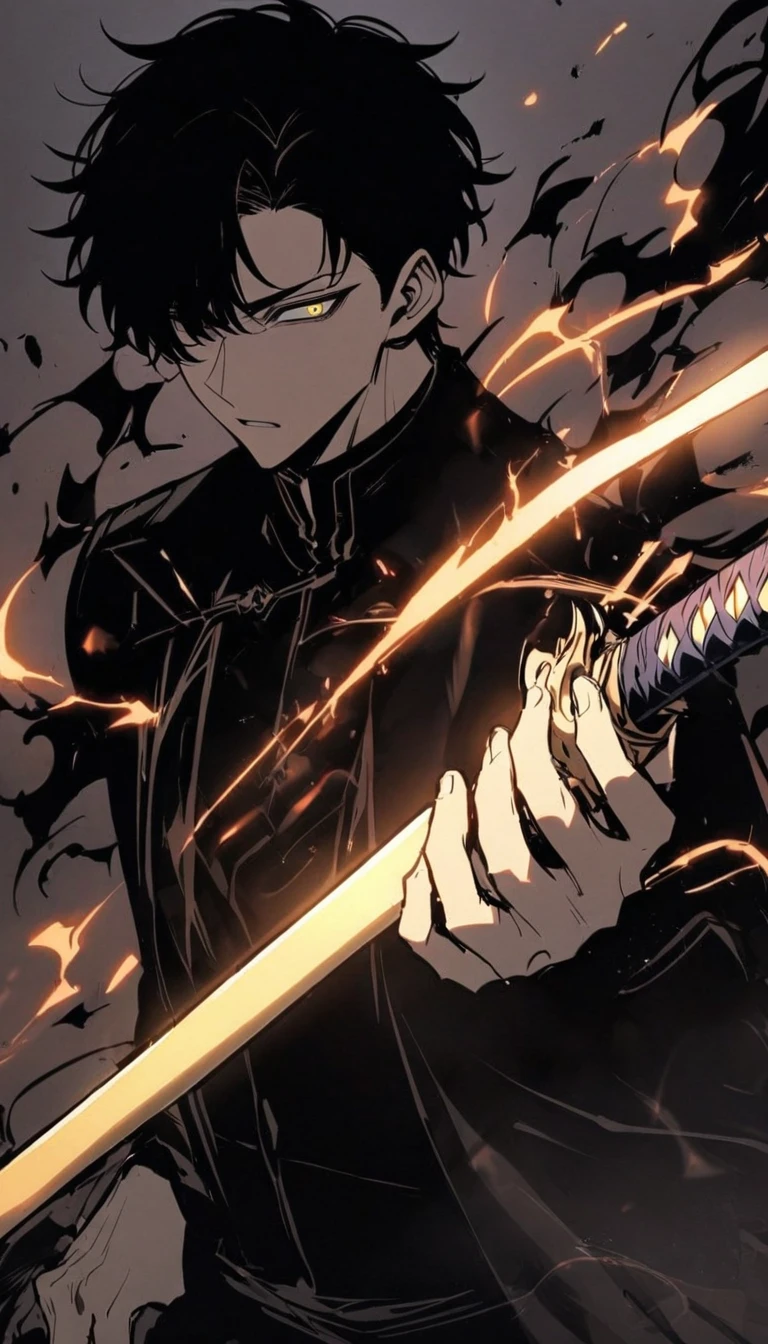 Handsome, alone, male, Short hair,, black hair, black yellow odd eye, black shirt, black pants, Black coat, black flame,holding a katana in one hand, The blade shines black, left eye inverted eye