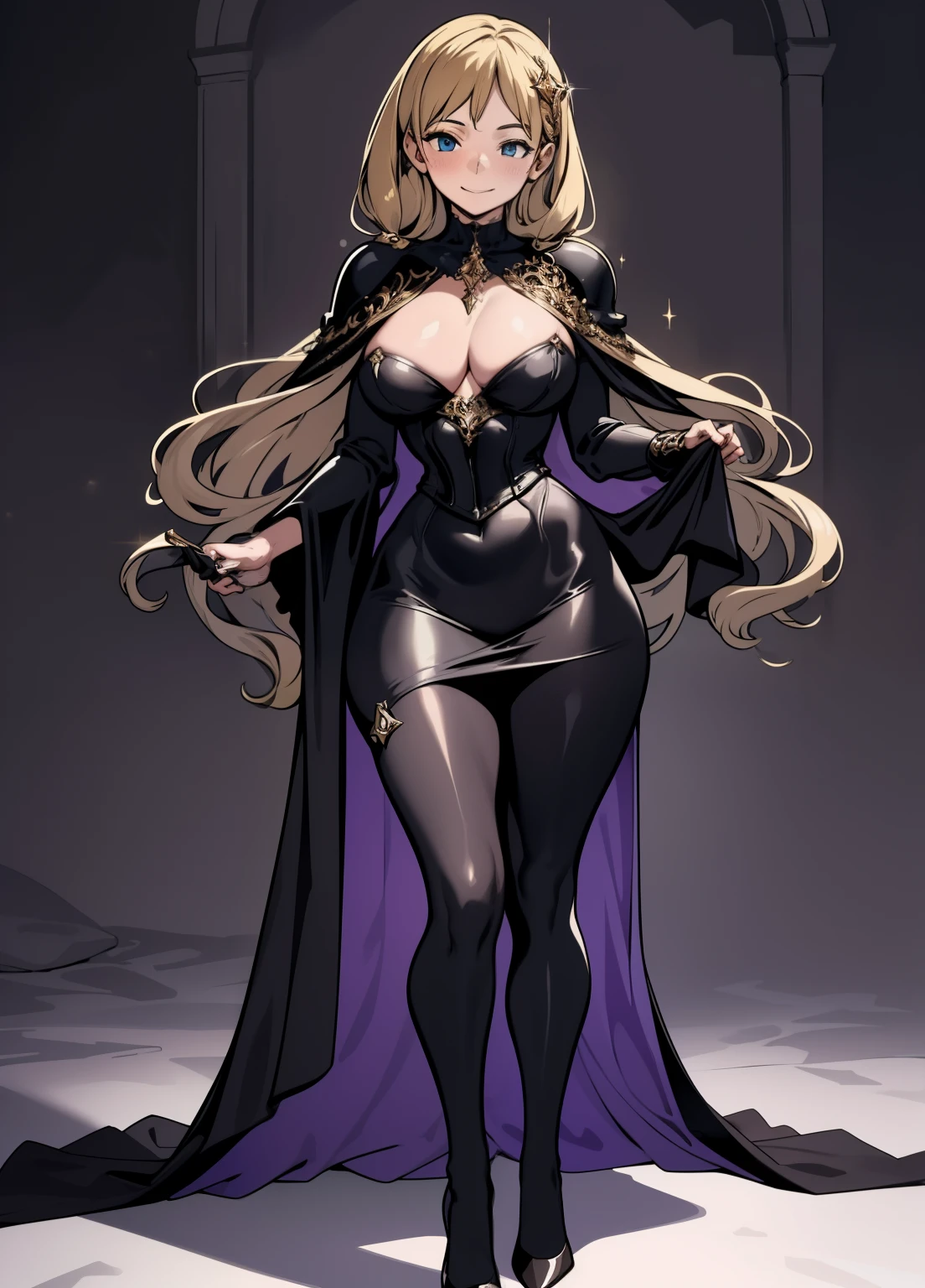 (masterpiece、highest quality、highest quality、Official Art、Beautiful and beautiful:1.2)、(One girl:1.3)Hatsune Miku、Twin tails,Beautiful breasts,(masterpiece), best quality, young and slim Virginia Otis With flowing golden curls cascading down her slender neck, blonde Virginia Otis possesses captivating blue eyes full of wisdom and curiosity. Her tall, lithe frame wears a revealing corset adorned with intricate lace patterns, showing off her enviable hourglass figure. A pair of tight black leggings highlight her toned legs, finishing just below her knees. Over this charming ensemble, she drapes a regal velvet cape that swirls dramatically around her feet when she moves. Her elegant fingers bear the weight of multiple ornate rings, each telling a story of its own. A defiant smile appears on her lips as she dares to take a step into the unknown, ready to face whatever comes her way, all while maintaining an irresistible air of femininity and courage intact. Wearing a pair of sophisticated yet practical oxfords, with black leather gleaming in the candlelight, Virginia completes her glamorous ensemble. As for the colors of her dresses, her corset and leggings are decorated with meticulously placed silver sequins that sparkle in the flickering shadows, adding a touch of luxury to her bold attire. The velvet cloak features subtle hints of purple and gold threads woven into her rich fabric, echoing the mystique surrounding her life as an occult investigator. Her choice of jewelry consists primarily of silver accessories embellished with precious stones such as amethyst and topaz, which symbolize protection and clarity, attributes that she deeply values in her work.1. Utilize detailed texture terms for her clothing and accessories (e.g., glossy leather shoes, shimmering silk dress, intricate chain mail armor).