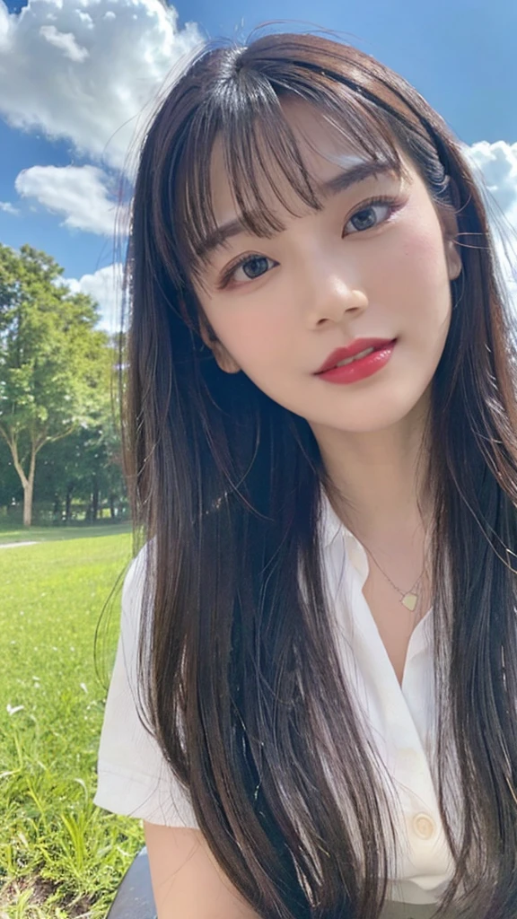 ((highest quality, 8k, masterpiece:1.3)), Beautiful girl, Pure, melon face, Gentle and cute, sweet smile, Pure desire, Thin body type, (front), (Tilt your head), Look straight into the camera, uniform, heart, formal, Long, straight, black, silky hair, Long hair on the shoulders, Big, round, black eyes, Clear, big eyes, Moist red lips, sweet, Sitting on the roadside, Blue sky and white clouds, Grass, building,