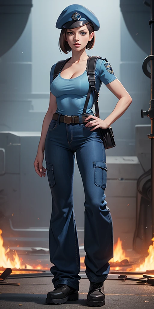 Jill Valentine, masterpiece, best quality, 1girl, solo, standing, jillre1, beret, uniform, shoulder pads, short sleeves, harness, belt, bell-bottom blue pants(Wide flares on pants:1.2), cleavage, black combat boots, full body, perfect blue eyes, perfect red mouth,
