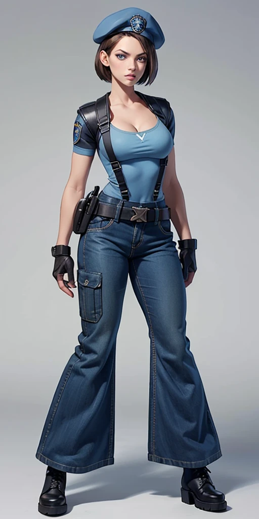 Jill Valentine, masterpiece, best quality, 1girl, solo, standing, jillre1, beret, uniform, shoulder pads, short sleeves, harness, belt, bell-bottom blue pants(Wide flares on pants:1.2), cleavage, black combat boots, full body, perfect blue eyes, perfect red mouth,