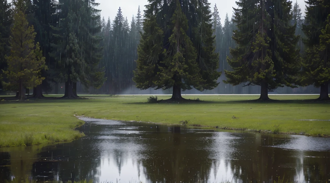 A close-up near the ground of a treeless meadow, with lots of rain falling on the surface of the water, which is like a mirror with nothing placed on it, and it has been raining for a long time, all wet from the rain, (Photographic, Best Quality, High Quality, Highres:1.4), Detailed, Extremely Detailed, Ambient Soft Lighting, 4K, Background, Depth of Field,